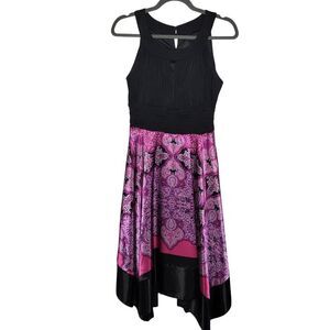 Melrose Dress Size 12 Black & Pink Paisley Sleeveless Handkerchief Hem Fit Flare
